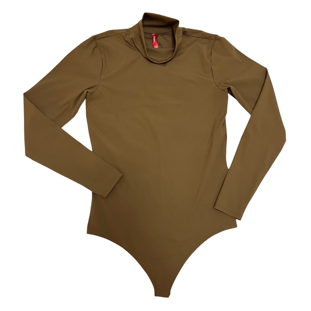 SPANX Long‎ Sleeve Mock Neck Thong Bodysuit Brown LARGE